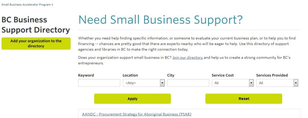 BC Business Support Directory search page (Courtesy of UBC Library, Irving K. Barber Learning Centre).