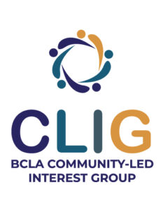 CLIG logo. Graphic consists of 5 pieces coming together to form a full circle. Colour palette is orange, navy blue and dark green. Text reads CLIG “BCLA Community-Led Interest Group”.