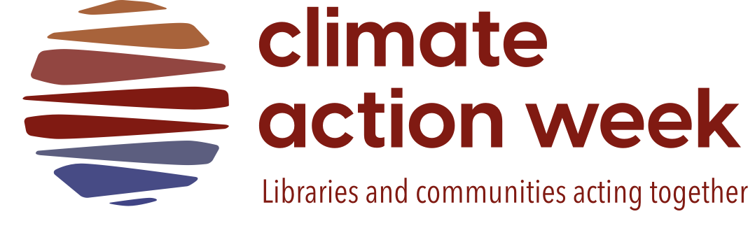 Visual logo for Climate Action Week - drawing of sun streaked with coloured stripes that reads 'climate action week -- libraries and communities acting together'.
