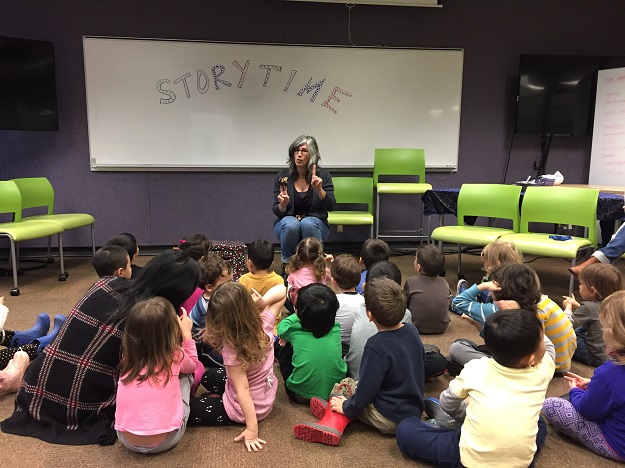 BCIT Librarian Lin Brander leads the library's trial storytime last November.