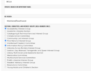 Screenshot of selection list of Sections, Committees and Interest Groups