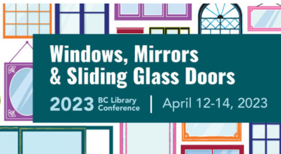 Gallery wall of mirrors, windows and sliding glass doors in a variety of styles and colours. Text reads: Windows Mirrors, and Sliding Glass Doors. 2023 BC Library Conference. April 12-14.