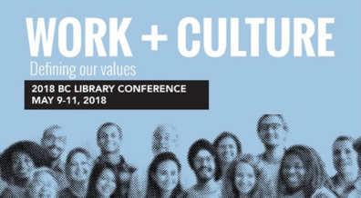 Cover of program from 2018 BC Library. Conference. Title reads: Work + Culture, Defining our values. May 9-11, 2018. Includs decorative image of a group of people.