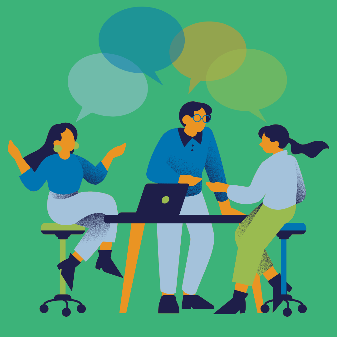 On a green background there's a graphic image of three people at a desk with speech bubbles emerging. Two are seated, one person is standing, and there's a laptop on the desk.