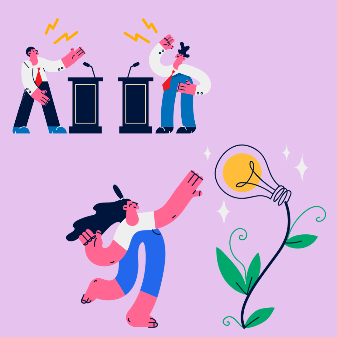On a light purple background, there is a graphic design of two people standing and arguing, with a speaker in front of each person. Below right, a larger graphic shows a person reaching for a light bulb, looking for inspiration.