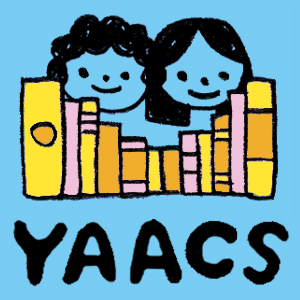 YAACS logo featuring a drawing that of 2 childrens faces above a set of book spines. 